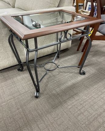WOOD, METAL BASE, GLASS TOP, RECTANGLE END TABLE