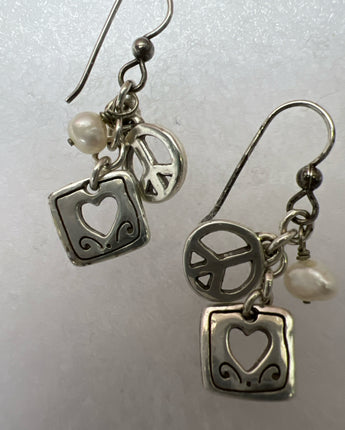 EARRINGS RETIRED JAMES AVERY .925 DANGLE EARRINGS WITH PEACE SIGN & PEARL