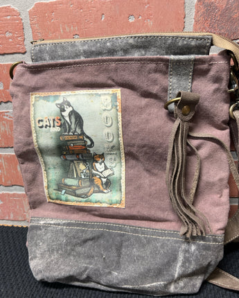 CLEA RAY REPURPOSED BROWN & LEATHER HANDBAG WITH CATS