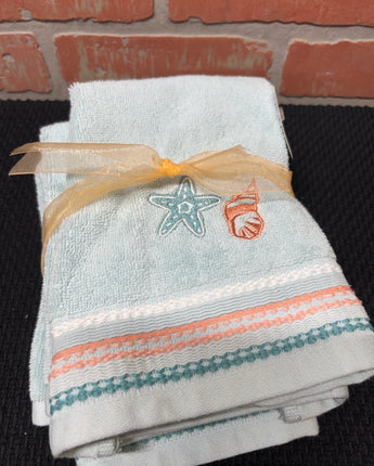 HAND TOWEL TURQUOISE WITH CORAL BORDER STARFISH & SHELL