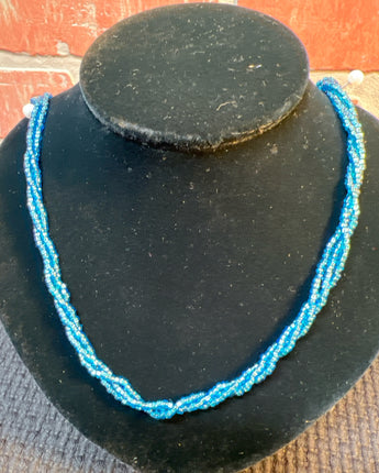 NECKLACE 3 STRAND TWISTED TEAL SEED PEARLS