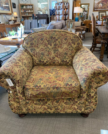 CHAIR FLORAL UPHOLSTRY GREEN, TAN,  BROWN -  ROUNDED ARMS