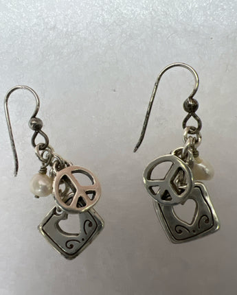 EARRINGS RETIRED JAMES AVERY .925 DANGLE EARRINGS WITH PEACE SIGN & PEARL