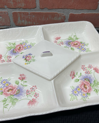 WHITE CERAMIC WITH PINK & PURPLE FLORAL &  A LID FOR CENTER