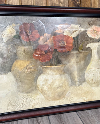 DARK WOOD FRAME WITH RED & CREAM POPPIES IN CREAM VASES