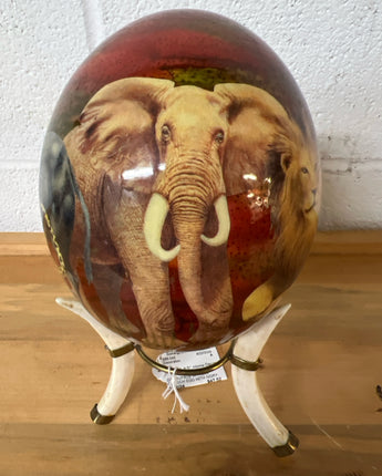 DECOUPAGE AFRICAN OSTRICH EGG WITH IVORY STAND, RED, GREEN,CREAM SAFARI ANIMALS