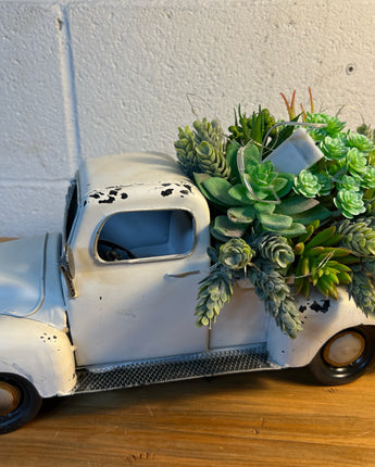 RUSTIC METAL DISTRESSED WHITE  TRUCK WITH SUCCULENTS PLANTS AND FAIRY LIGHTS