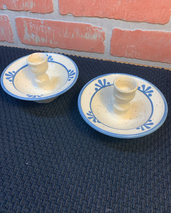 POTTERY CANDLE HOLDERS CREAM WITH LIGHT BLUE ACCENT