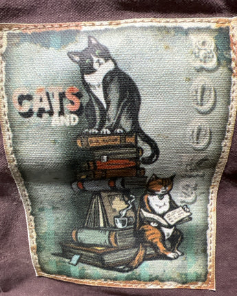 CLEA RAY REPURPOSED BROWN & LEATHER HANDBAG WITH CATS