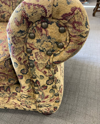 CHAIR FLORAL UPHOLSTRY GREEN, TAN,  BROWN -  ROUNDED ARMS