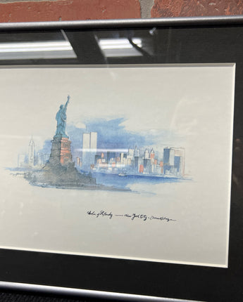 MADS STAGE WATERCOLOR SIGNED TWIN TOWERS STATUE OF LIBERTY NEW YORK SKYLINE