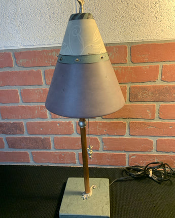 JANNA UGONE COPPER LAMP WITH SMALL CONICAL LAVENDER SHADE AND STONE SQUARE BASE