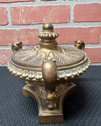 ASIAN ROUND URN WITH 3 HOLDERS DISTRESSED BROWN LEAF MOTIF