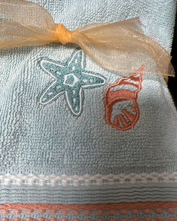 HAND TOWEL TURQUOISE WITH CORAL BORDER STARFISH & SHELL