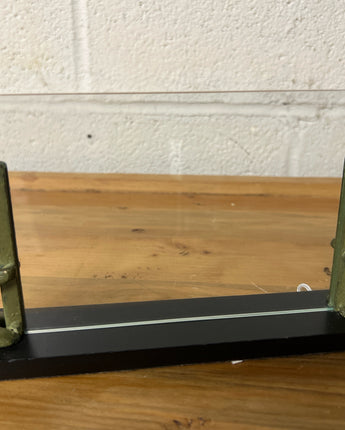 PICTURE FRAME WITH TWO GREEN METAL MICE ON BLACK STAND