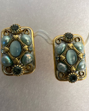 EARRINGS MICHAL GOLAN GOLD SET WITH BLUE CAT EYE STONES & TURQUOISE BEADS