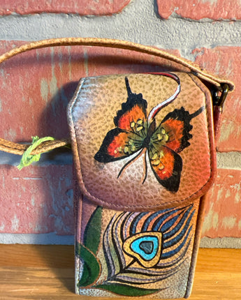 ANUSCHKA LEATHER CELL PHONE CASE HAND PAINTED WITH BUTTERFLIES & PEACOCK FEATHER