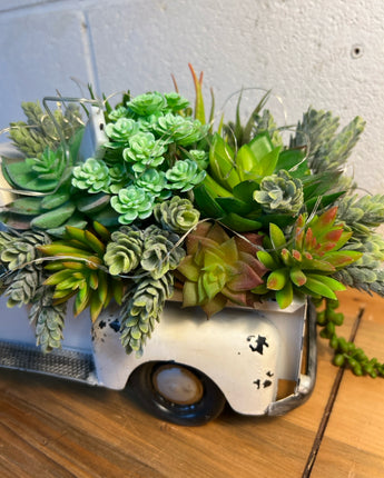 RUSTIC METAL DISTRESSED WHITE  TRUCK WITH SUCCULENTS PLANTS AND FAIRY LIGHTS
