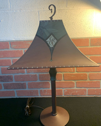 JANNA UGONE COPPER LAMP WITH SQUARE BROWN & GREEN SHADE SIGNED & DATED