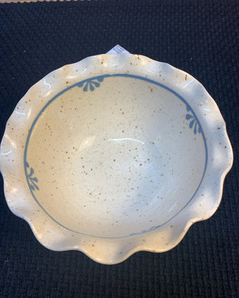POTTERY BOWL CREAM WITH RUFFLE RIM & LIGHT BLUE ACCENT