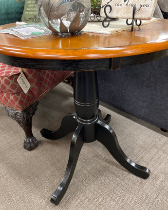 PIER 1 OCCASIONAL TABLE, ROUND MAPLE TOP W /BLACK LEGS