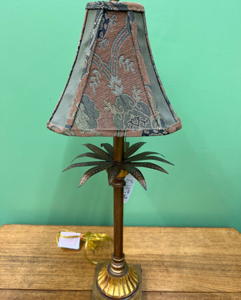 PINE TREE BARN SHABBY CHIC PALM LAMP GOLD  BASE SQUARE GREEN TAPESTRY SHADE