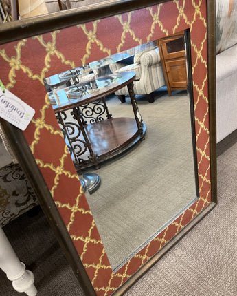 MIRROR, BROWN WOODEN FRAME, RUST AND GOLD PRINT MAT, BEVELED   TMH