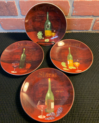 PIER ONE BURGUNDY CERAMIC PLATES WITH WINE BOTTLES AND GRAPES