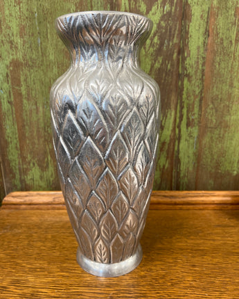 VASE-POTTERY BARN SILVER METAL WITH EMBOSSED LEAVES