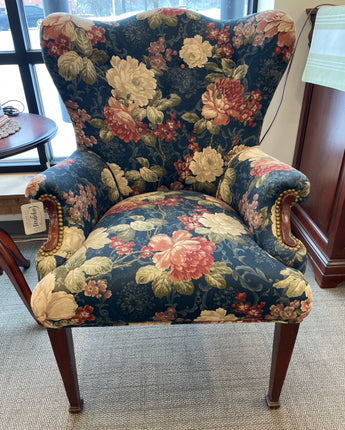 VINTAGE ARM CHAIR W/NAIL HEAD TRIM, NAVY  FLORAL UPHOLSTERY