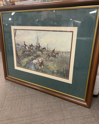 VINTAGE GEORGE WRIGHT HUNT GREEN MATTE BROWN FRAME FOX HUNT SCENE