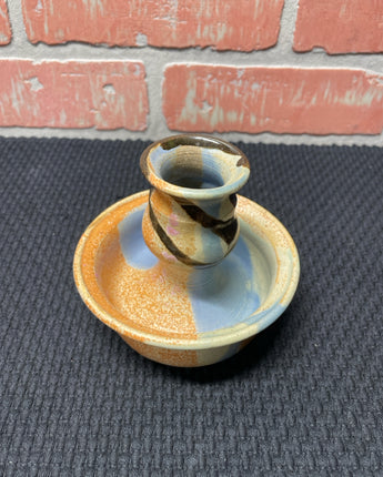 BLUE BROWN & BLACK POTTERY CANDLE HOLDER 3.5"X4.5"X4.5"