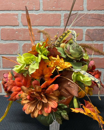 GREEN PLANTER WITH FEATHERS & BROWN FLOWERS 22"X13"X13"