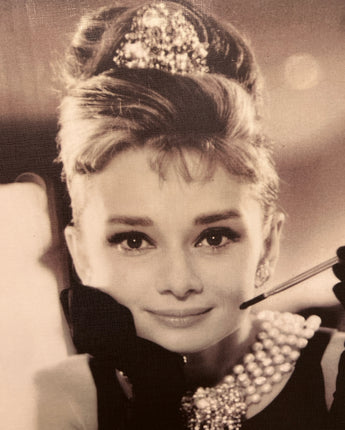 BLACK & WHITE CANVAS OF AUDREY HEPBURN WITH BLACK GLOVES & PEARLS