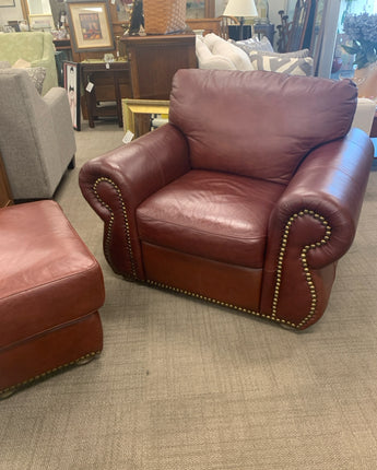 CHAIR RED LEATHER ITALIAN WITH NAILHEADS AND OTTOMAN 36" W X 42" L X 34.5" H