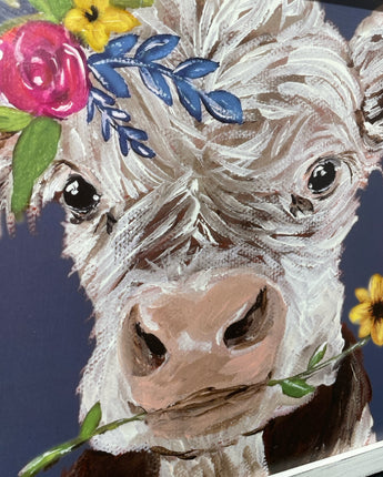 COW WITH FLOWERS WHITE DISTRESSED FRAME 13"X13"