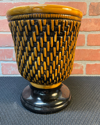 RAYMOND WAITES BALI VASE CERAMIC BLACK & BROWN WEAVE 10"X8"X8"