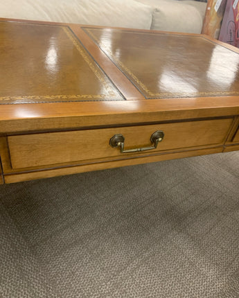 COFFEE TABLE LEATHER TOP ONE DRAWER BROWN STAIN BRASS WHEELS