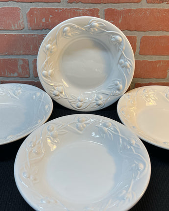 IPATRIZI FOR WILLIAM SONOMA WHITE PASTA BOWLS EMBOSSED OLIVES 2.5"X10.25"X10.25"