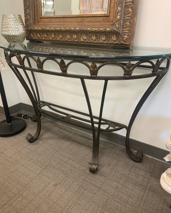 SOFA TABLE, HALF ROUND, BEVELED GLASS TOP, METAL BASE      50" X17.5"x29.5"