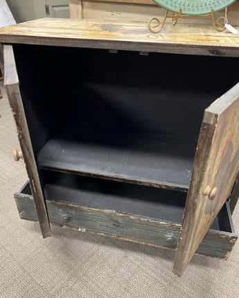 DISTRESSED BLACK CABINET W/1 DRAWER & ROOSTER MOTIF ON DOORS