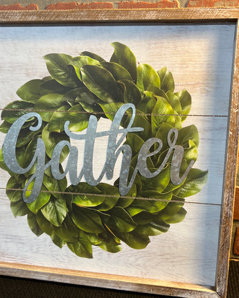 NATURAL DISTRESSED FRAME WITH GREEN WREATH "GATHER"