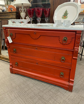 WOOD DRESSER, PAINTED RED w/ MARBLE TOP, 3 DRAWERS