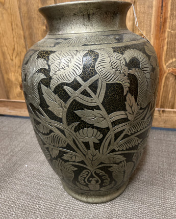 METAL FLOOR VASE BLACK W/EMBOSSED GOLD LEAVES