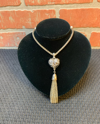 NECKLACE BRIGHTON LONG .925 SILVER CHAIN WITH HEART & CHAIN FRINGE