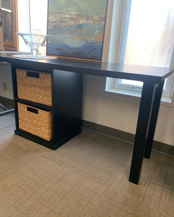 POTERY BARN DESK BLACK WITH 2 WICKER STORAGE BASKETS