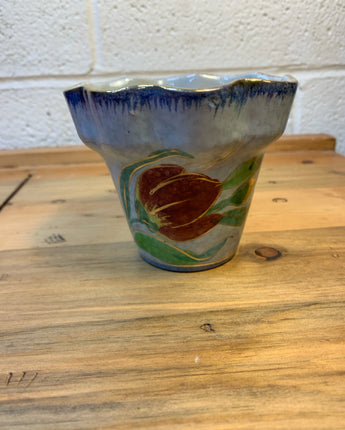 ITALIAN HAND PAINTED PLANTER MARBLED BLUE GOLD RIM RED FLOWER