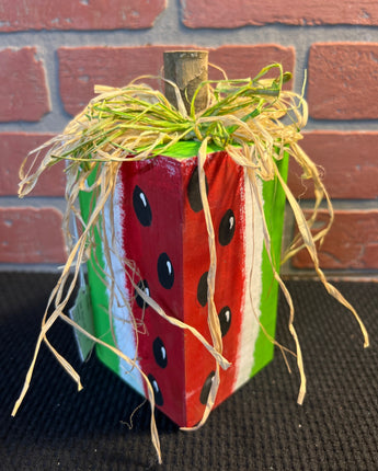 WOOD BLOCK OF WATERMELON GREEN WHITE AND RED WITH BLACK SEEDS & WOOD STEM