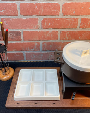 VINTAGE GAILSTYN FONDUE SET WITH BROWN STONEWARE POT 8.5"X9"X17"