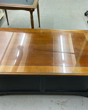 WOOD BLACK BASE COFFEE TABLE, STAINED TOP, 3 DRAWERS (GLASS ON TOP)